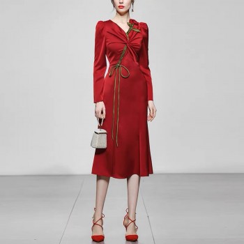 Autumn women's clothing 2023 new temperament red long-sleeved slim waist slim satin dress long skirt for women